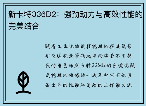 新卡特336D2：强劲动力与高效性能的完美结合