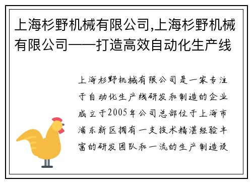 上海杉野机械有限公司,上海杉野机械有限公司——打造高效自动化生产线